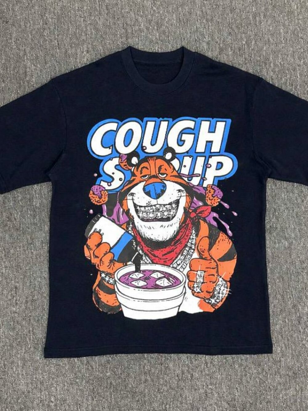 Cartoon Tiger Mascot Bowl Graphic Tee Navy Oversized Streetwear Short Sleeve